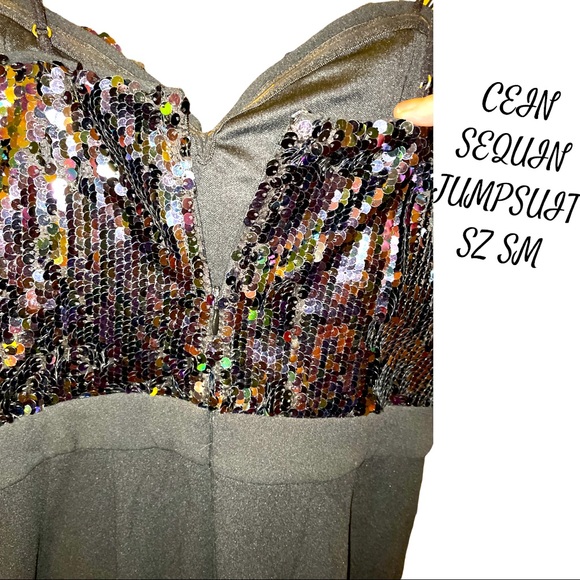 SEQUIN TOP JUMPSUIT SZ SM SILKY WITH SPAGHETTI STRAPS ZIP UP BACK Good Stretch - Picture 10 of 12